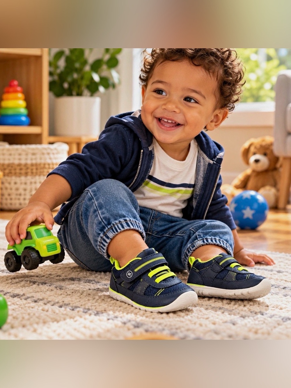Stride Rite Soft Motion Rhett Navy Lime Baby Infant Sneakers Hook Loop